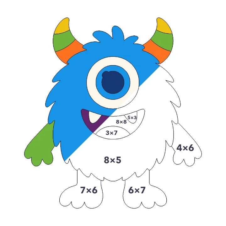 Friendly Monster multiplication color by number page, half colored to show the finished picture