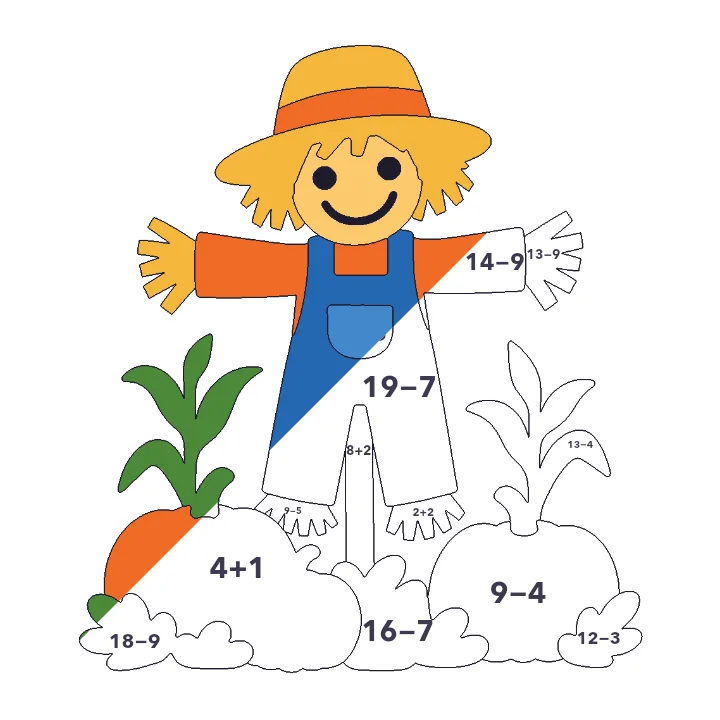 Friendly Scarecrow addition & subtraction color by number page, half colored to show the finished picture