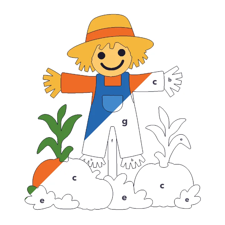 Friendly Scarecrow color by letter color by number page, half colored to show the finished picture