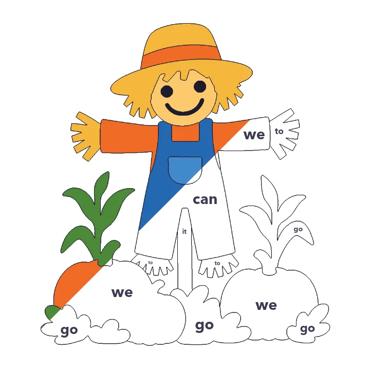 Friendly Scarecrow sight words color by number page, half colored to show the finished picture