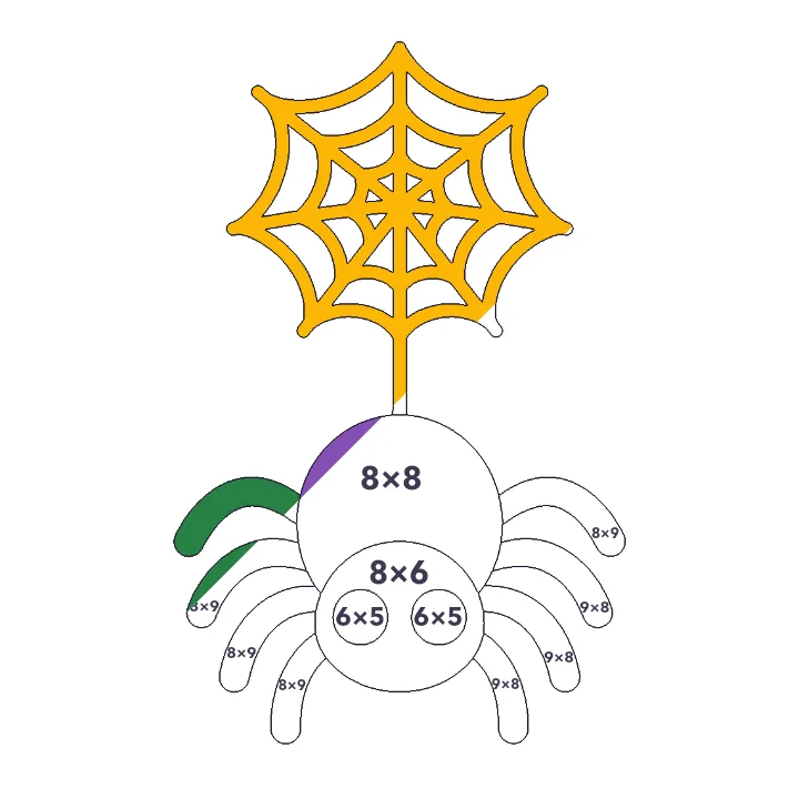 Friendly Spider multiplication color by number page, half colored to show the finished picture
