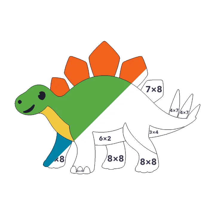 Friendly Stegosaurus multiplication color by number page, half colored to show the finished picture