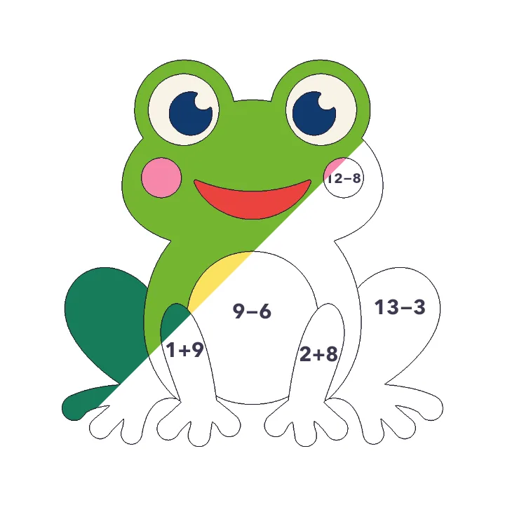 Frog addition & subtraction color by number page, half colored to show the finished picture