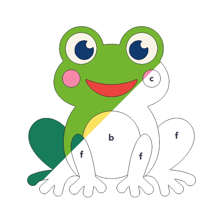 Frog color by letter color by number page, half colored to show the finished picture
