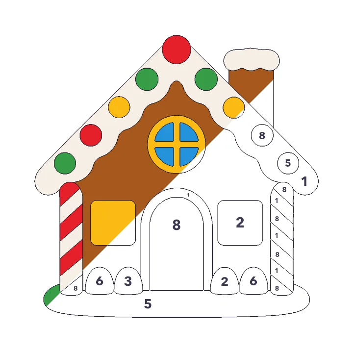 Gingerbread House color by number page, half colored to show the finished picture