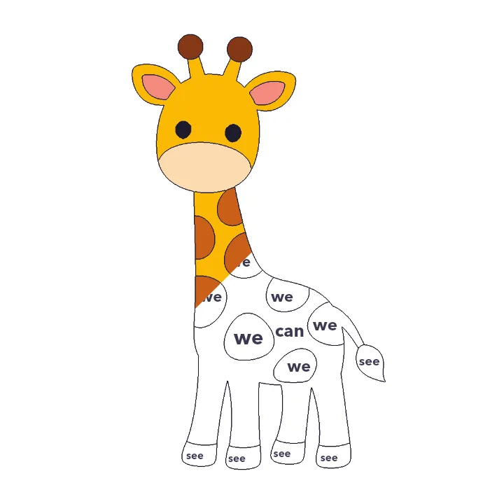 Giraffe sight words color by number page, half colored to show the finished picture