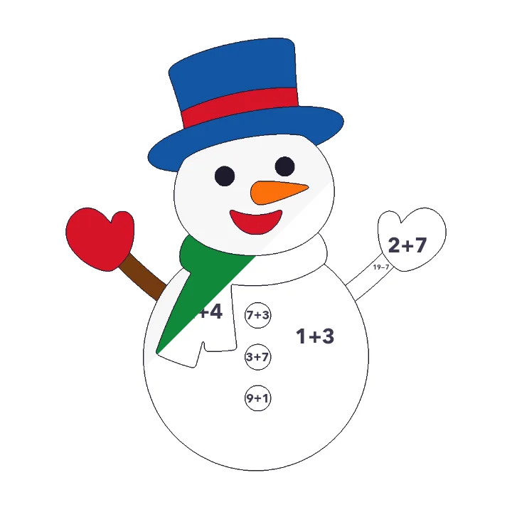Happy Snowman addition & subtraction color by number page, half colored to show the finished picture