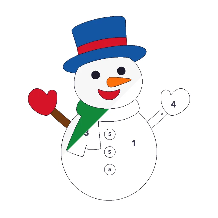 Happy Snowman color by number page, half colored to show the finished picture