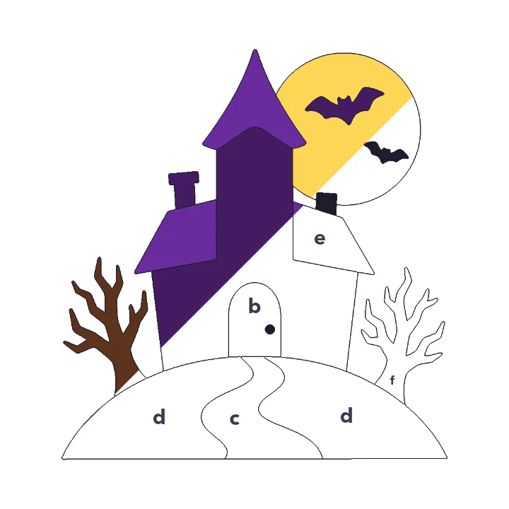 Haunted House color by letter color by number page, half colored to show the finished picture