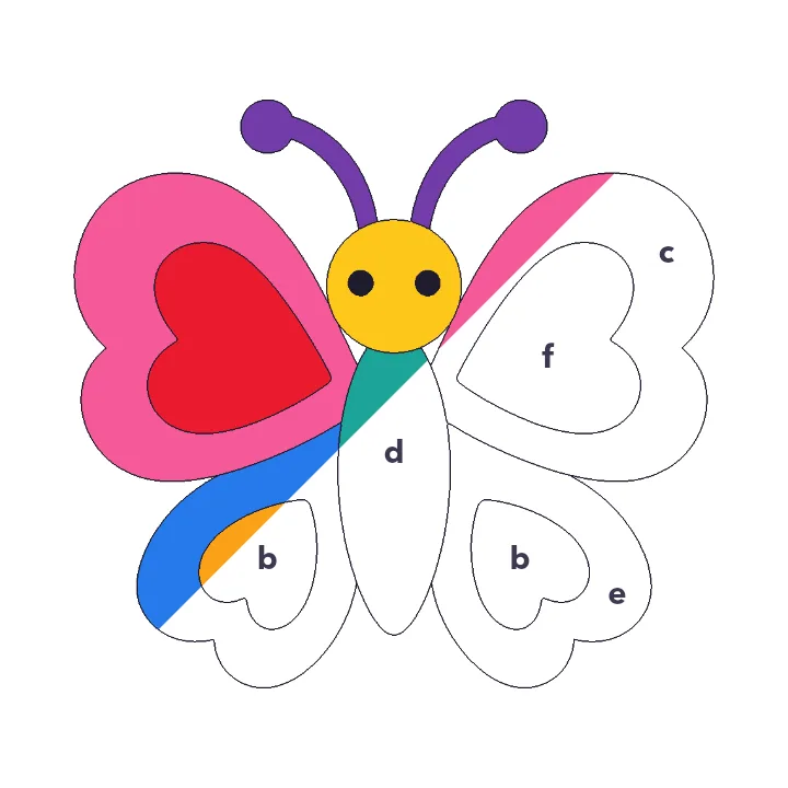 Heart Butterfly color by letter color by number page, half colored to show the finished picture