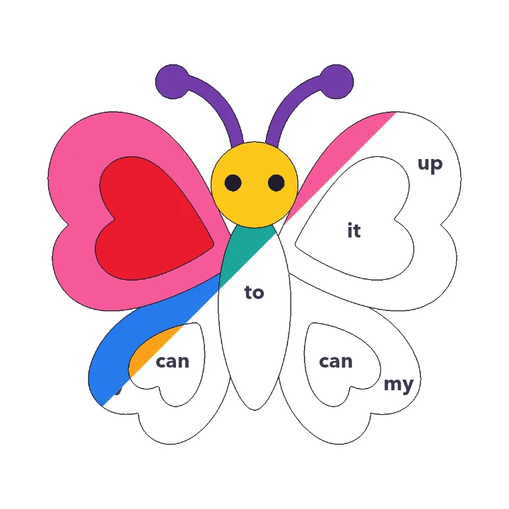 Heart Butterfly sight words color by number page, half colored to show the finished picture
