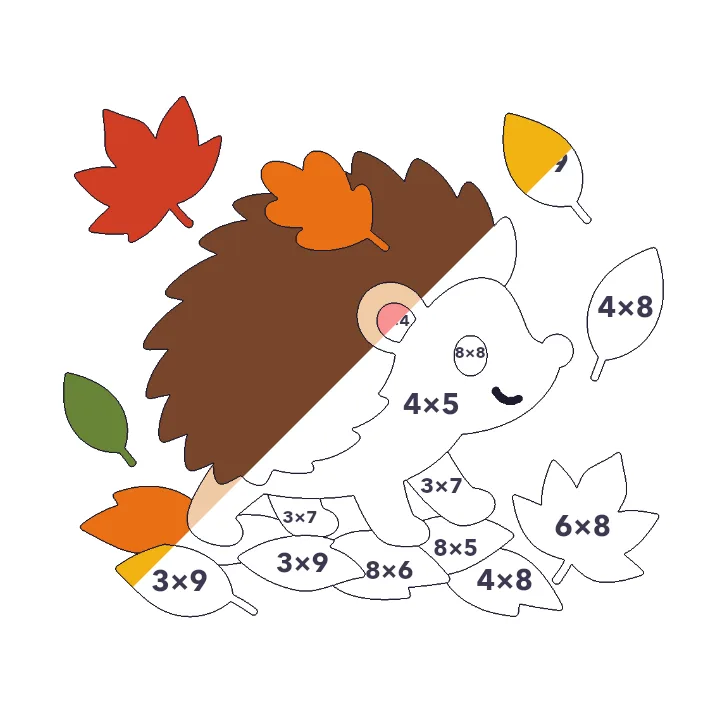 Hedgehog in the Leaves multiplication color by number page, half colored to show the finished picture