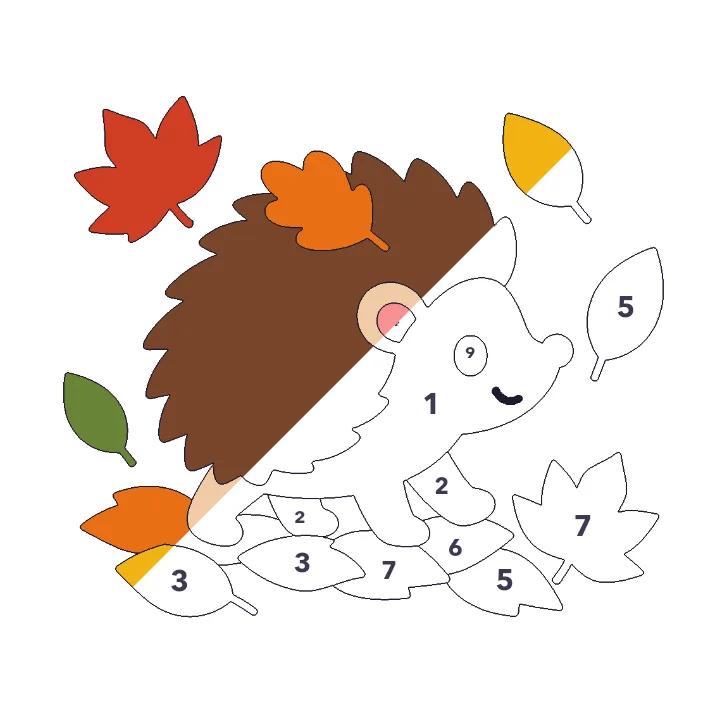 Hedgehog in the Leaves color by number page, half colored to show the finished picture
