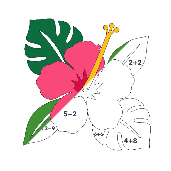 Hibiscus addition & subtraction color by number page, half colored to show the finished picture