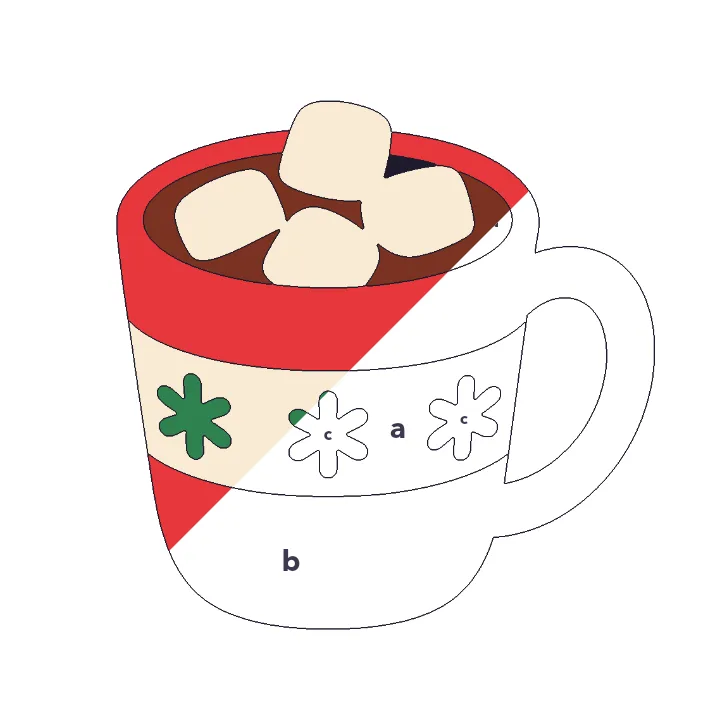Hot Cocoa color by letter color by number page, half colored to show the finished picture