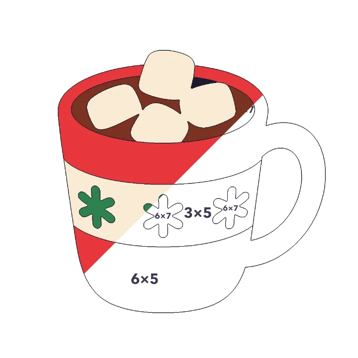 Hot Cocoa multiplication color by number page, half colored to show the finished picture
