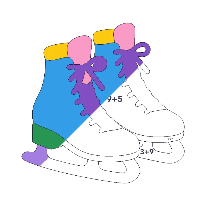 Ice Skates addition color by number page, half colored to show the finished picture