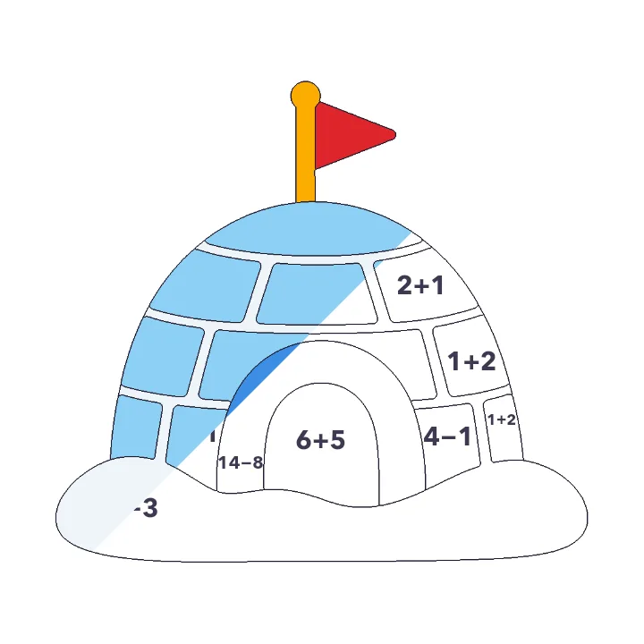 Igloo addition & subtraction color by number page, half colored to show the finished picture
