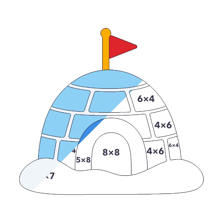 Igloo multiplication color by number page, half colored to show the finished picture
