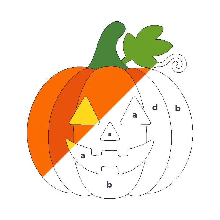 Jack-o’-Lantern color by letter color by number page, half colored to show the finished picture