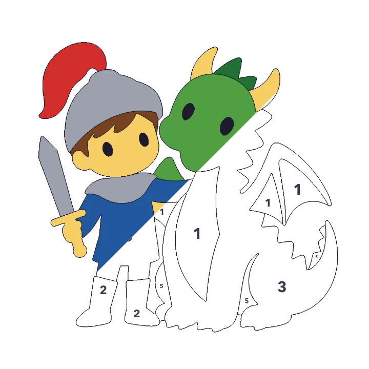 Knight and Dragon color by number page, half colored to show the finished picture