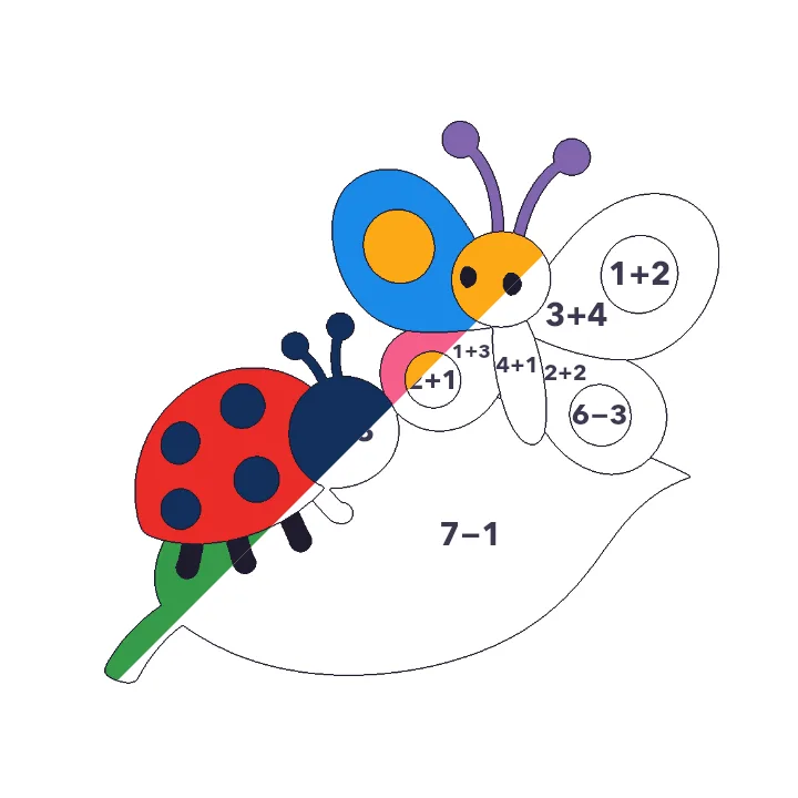 Ladybug and Butterfly addition & subtraction color by number page, half colored to show the finished picture
