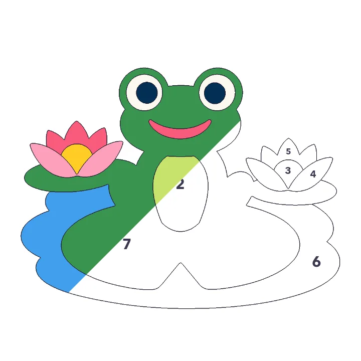 Lily Pond color by number page, half colored to show the finished picture