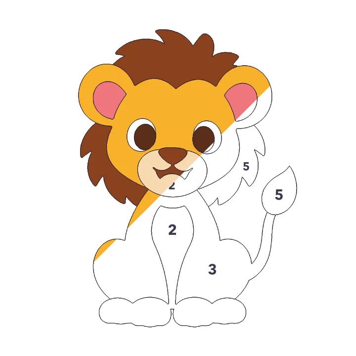 Lion Cub color by number page, half colored to show the finished picture