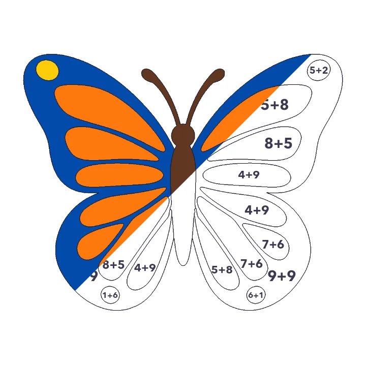 Monarch Butterfly addition color by number page, half colored to show the finished picture