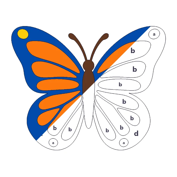 Monarch Butterfly color by letter color by number page, half colored to show the finished picture