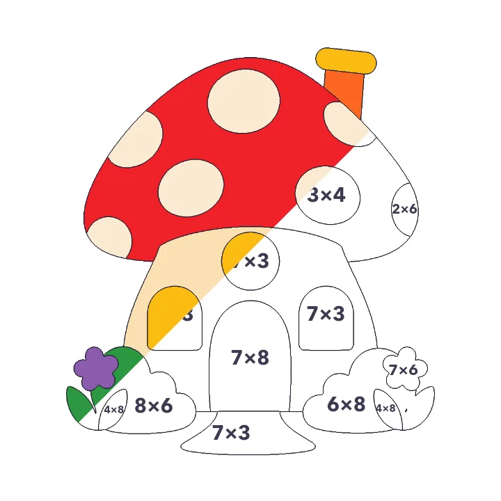 Mushroom House multiplication color by number page, half colored to show the finished picture