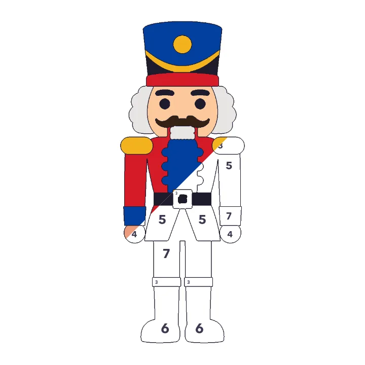 Nutcracker color by number page, half colored to show the finished picture