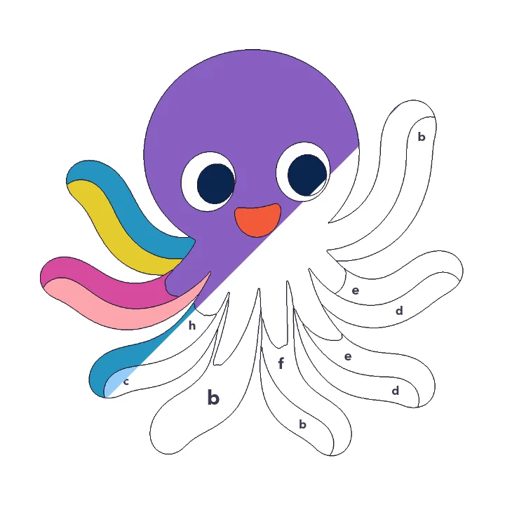 Octopus color by letter color by number page, half colored to show the finished picture