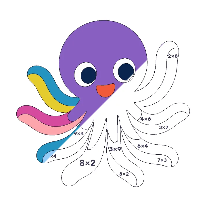 Octopus multiplication color by number page, half colored to show the finished picture