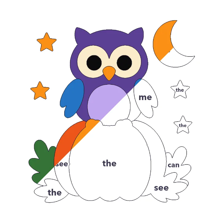 Owl on a Pumpkin sight words color by number page, half colored to show the finished picture