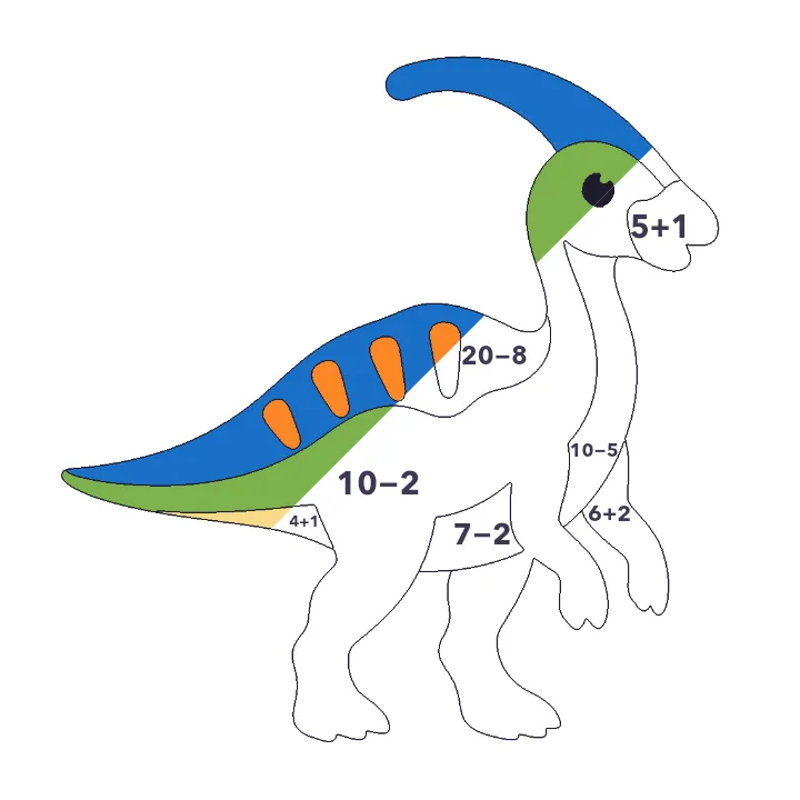 Parasaurolophus addition & subtraction color by number page, half colored to show the finished picture