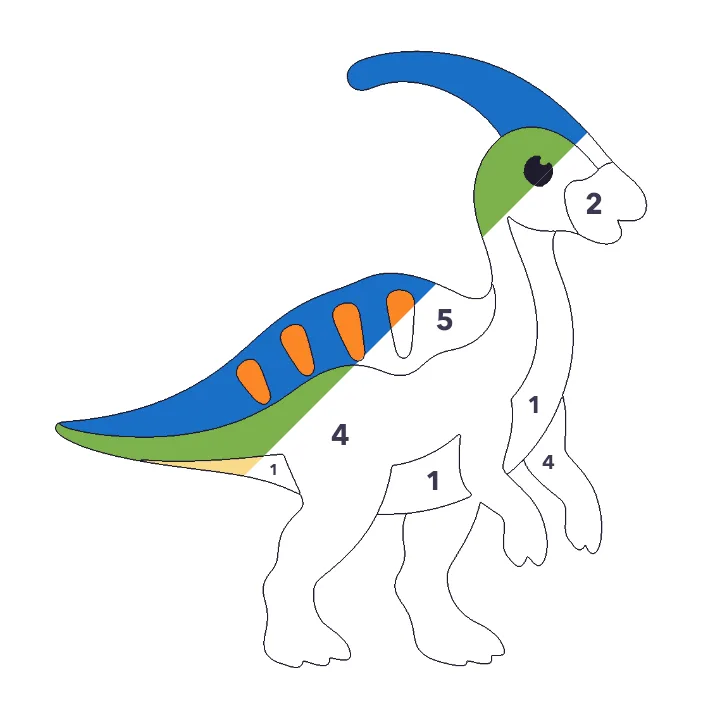 Parasaurolophus color by number page, half colored to show the finished picture