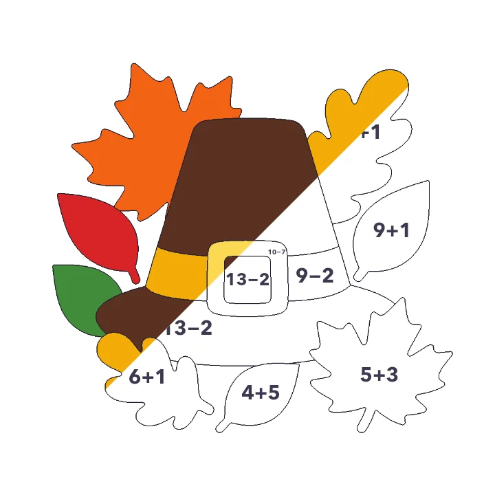 Pilgrim Hat and Leaves addition & subtraction color by number page, half colored to show the finished picture