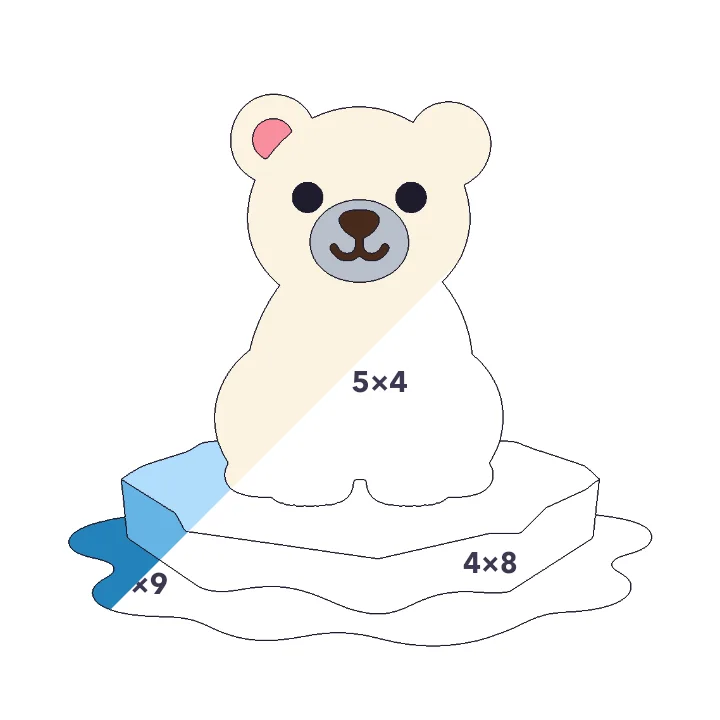 Polar Bear multiplication color by number page, half colored to show the finished picture