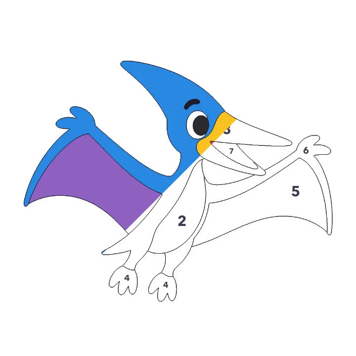 Pterodactyl color by number page, half colored to show the finished picture