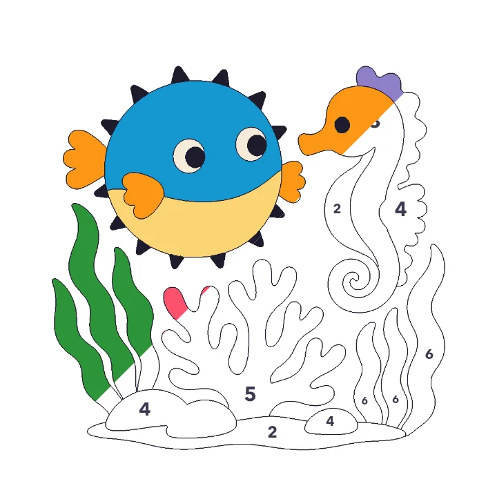 Pufferfish and Seahorse color by number page, half colored to show the finished picture