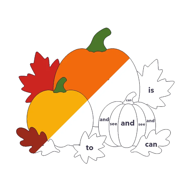 Pumpkin Patch sight words color by number page, half colored to show the finished picture