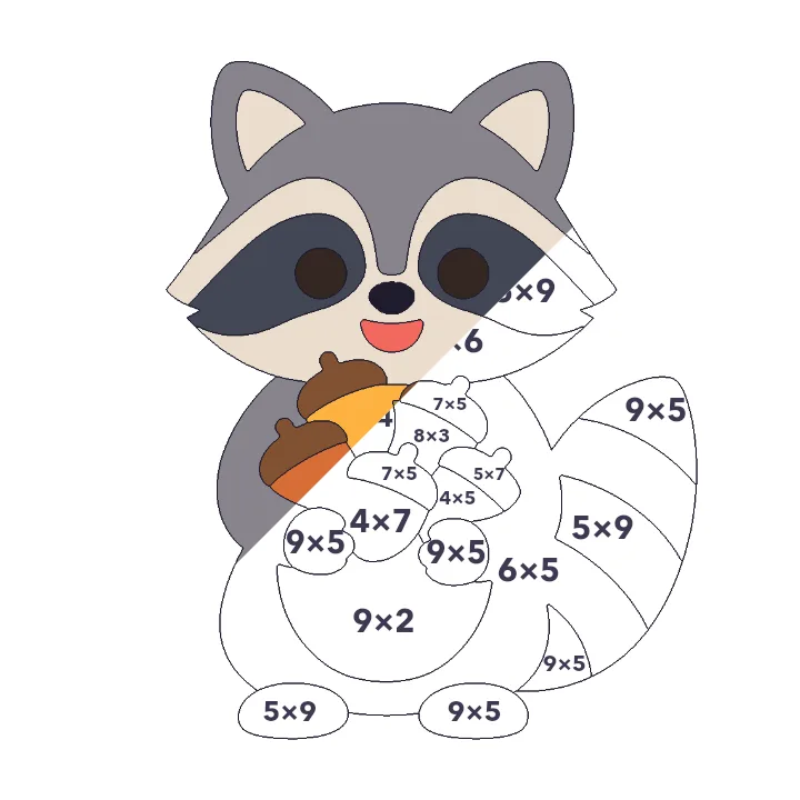 Raccoon with Acorns multiplication color by number page, half colored to show the finished picture