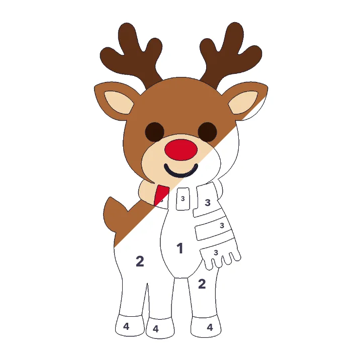 Reindeer in a Scarf color by number page, half colored to show the finished picture