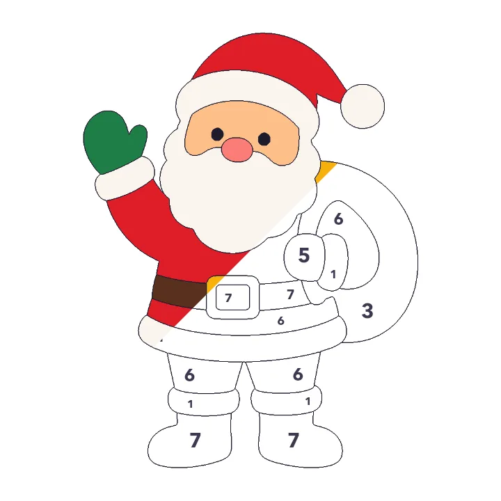 Santa Claus color by number page, half colored to show the finished picture