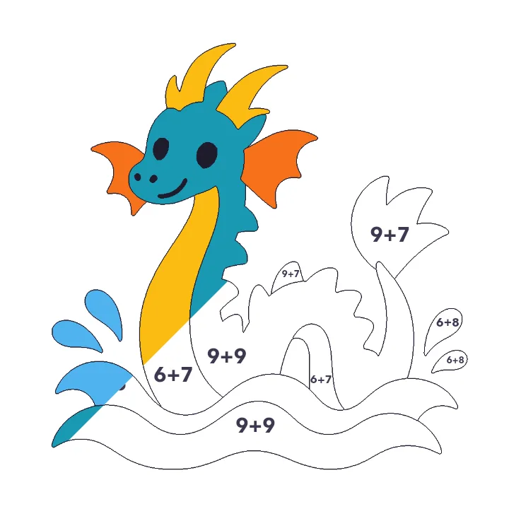 Sea Dragon addition color by number page, half colored to show the finished picture