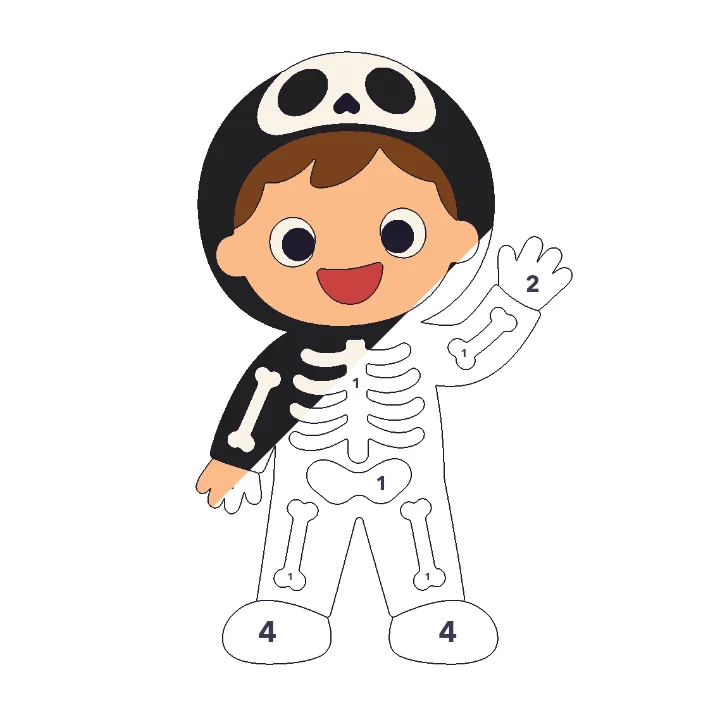 Silly Skeleton color by number page, half colored to show the finished picture