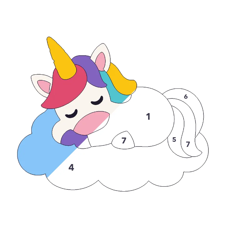 Sleeping Unicorn color by number page, half colored to show the finished picture