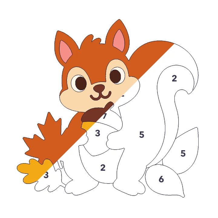 Squirrel and Acorn color by number page, half colored to show the finished picture
