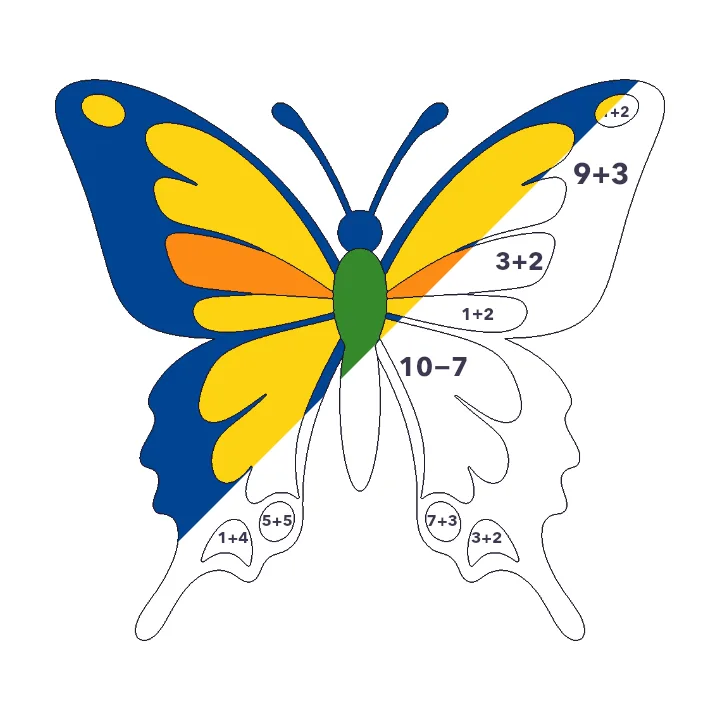 Swallowtail Butterfly addition & subtraction color by number page, half colored to show the finished picture
